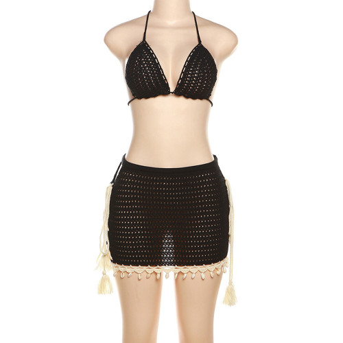 Hollow Knitted Lace Up Top High Waist Wrap Hip Short Skirt Set