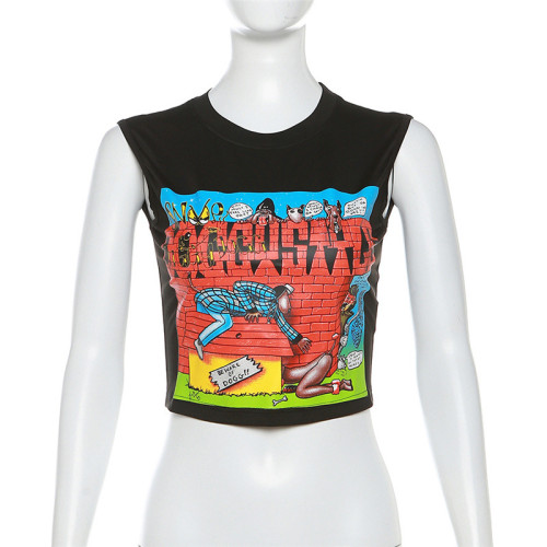 Cartoon printed short slim sleeveless top