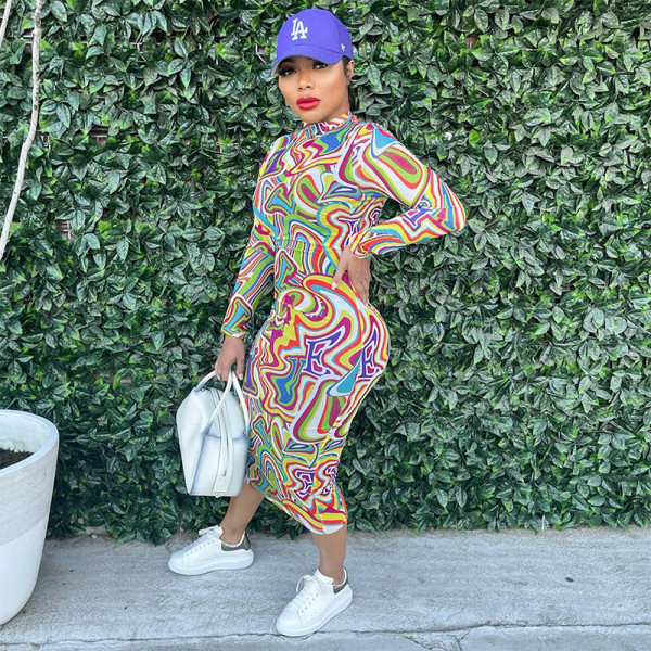 Colorful printed tight fitting long sleeved round neck dress long skirt
