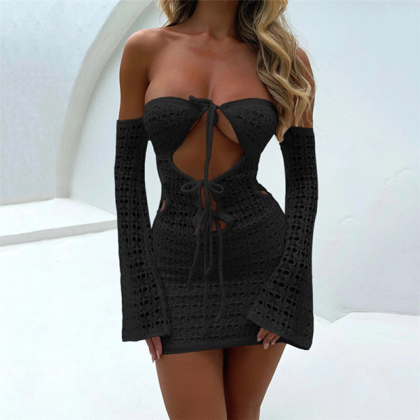 Off Shoulder Slim Fit Hollow Open Backpack Hip Knit Dress
