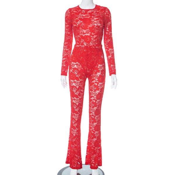 Fashionable lace hollowed out perspective one piece top and pants set