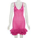 Hollow out wooden ear edge knitted strap wrap hip dress