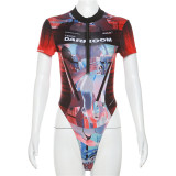 Sexy Hollow out Letter Printing Tight Casual Short Sleeve One Piece Top