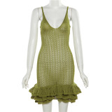 Hollow out wooden ear edge knitted strap wrap hip dress
