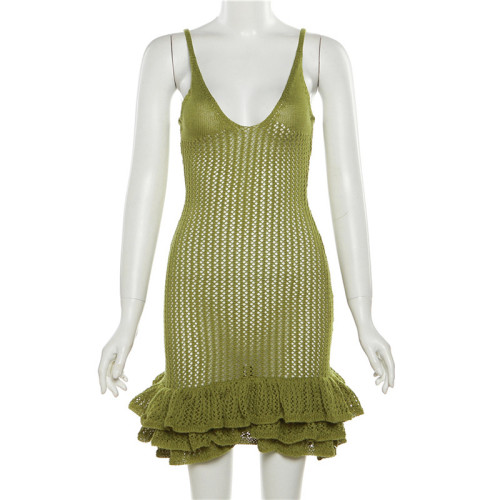 Hollow out wooden ear edge knitted strap wrap hip dress