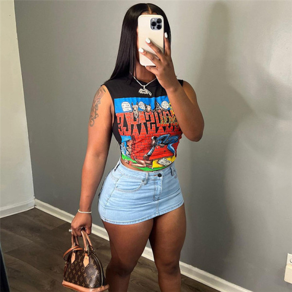 Cartoon printed short slim sleeveless top