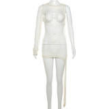 Single sleeved knitted hollow out perspective high waisted slim fitting dress short skirt