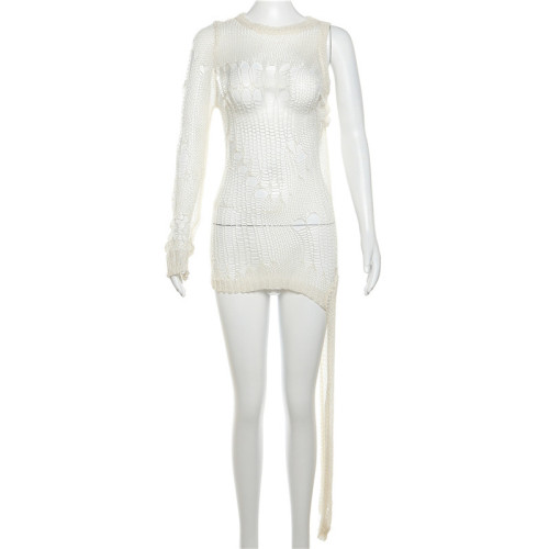 Single sleeved knitted hollow out perspective high waisted slim fitting dress short skirt