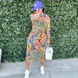 Colorful printed tight fitting long sleeved round neck dress long skirt