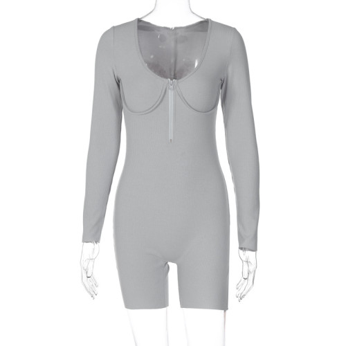 Zipper U-neck long sleeved tight jumpsuit