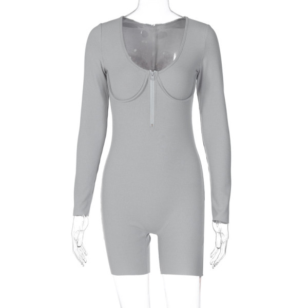Zipper U-neck long sleeved tight jumpsuit