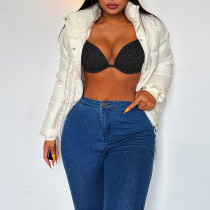 Long sleeved standing collar solid cotton jacket