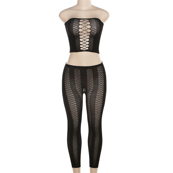 Sexy Bra Perspective Mesh Hollow Fun Tight Pants Set