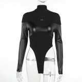 Knitted High Neck Leather Panel Long Sleeve One Piece Top