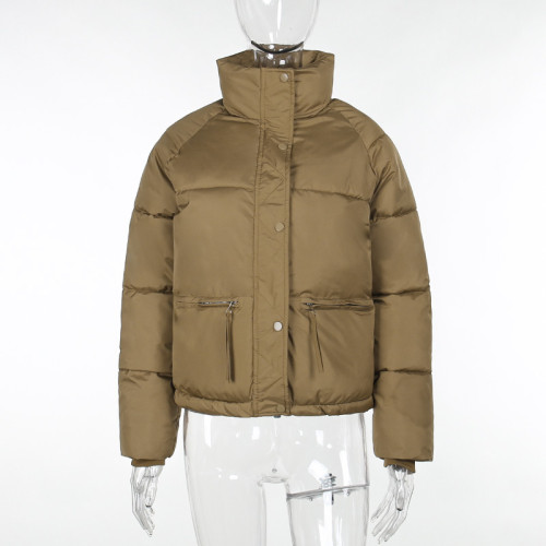 Long sleeved standing collar solid cotton jacket