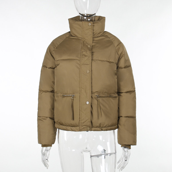 Long sleeved standing collar solid cotton jacket