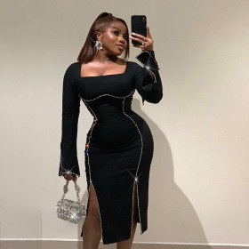 Ribbon Slim Fit Waist Split Dress