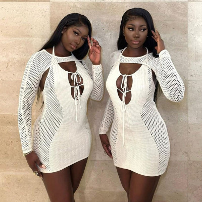Hanging Neck Lace up Long Sleeve Shawl Open Back Slim Fit Wrap Hip Wool Knit Dress