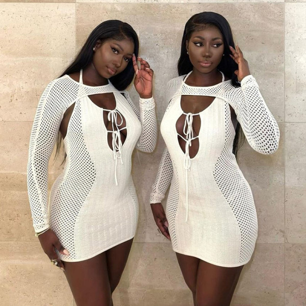 Hanging Neck Lace up Long Sleeve Shawl Open Back Slim Fit Wrap Hip Wool Knit Dress