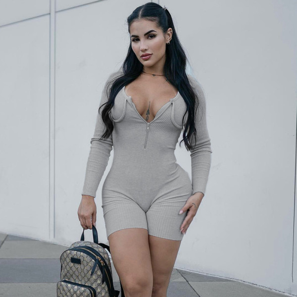 Zipper U-neck long sleeved tight jumpsuit