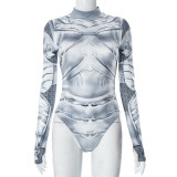 Printed half high neck tight long sleeved jumpsuit