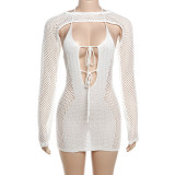 Hanging Neck Lace up Long Sleeve Shawl Open Back Slim Fit Wrap Hip Wool Knit Dress