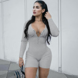Zipper U-neck long sleeved tight jumpsuit