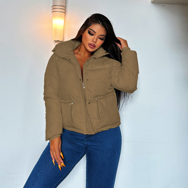 Long sleeved standing collar solid cotton jacket