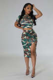 Round neck T-shirt, work dress, split skirt, printed camouflage set
