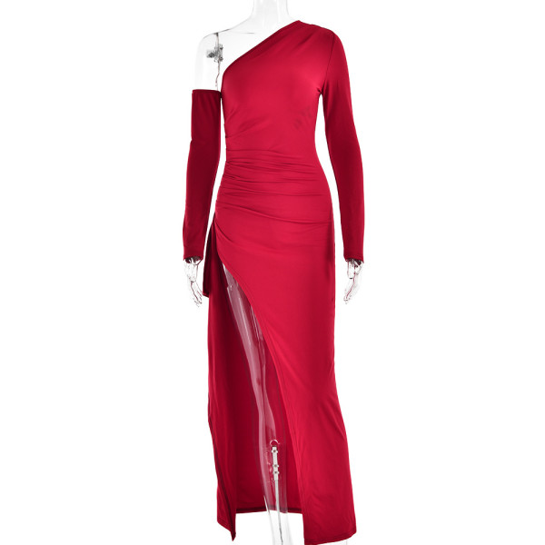 Long sleeved diagonal collar dress with open back and high slit long skirt
