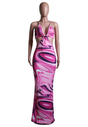 Printed halter strap backless dress