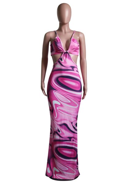 Printed halter strap backless dress