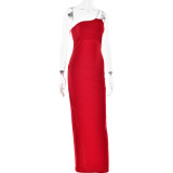 Rhinestone suspender dress with exposed sloping collar long skirt