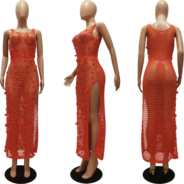 Handmade Knitted Casual Hollow out Sequin Tank Top Split Beach Skirt