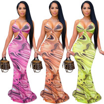 Printed halter strap backless dress