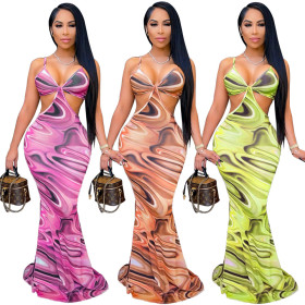 Printed halter strap backless dress