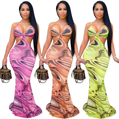 Printed halter strap backless dress