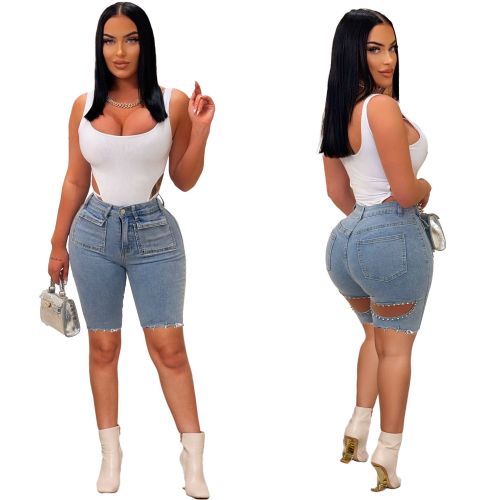 Perforated Wash Water Set Pearl Slim Fit Jeans and Shorts