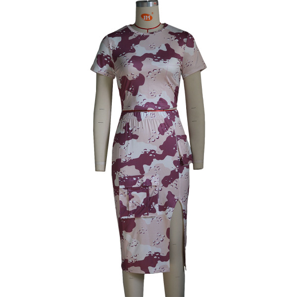 Round neck T-shirt, work dress, split skirt, printed camouflage set