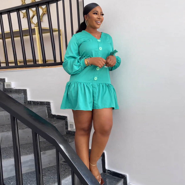 V-neck long sleeved pleated hem dress