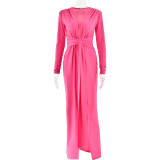 Deep V-neck long sleeved dress with high split pleats