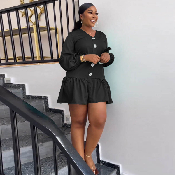 V-neck long sleeved pleated hem dress