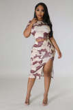Round neck T-shirt, work dress, split skirt, printed camouflage set