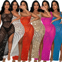 Handmade Knitted Casual Hollow out Sequin Tank Top Split Beach Skirt