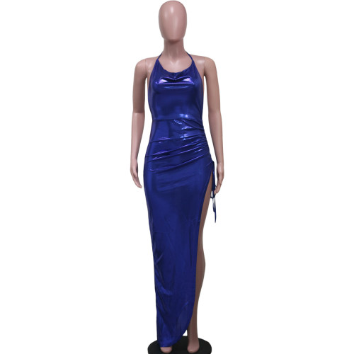 Hanging Neck Sexy Open Back Split Wrinkle Lace Up Irregular Dress