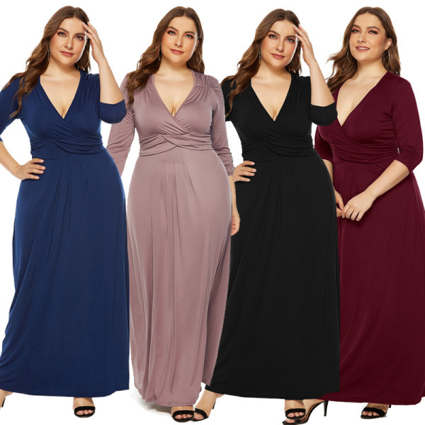 Sexy deep V-neck large swing long skirt with high elasticity dress