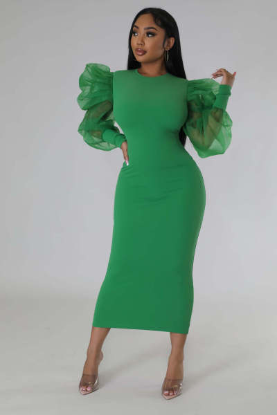 Women's Fashion Mesh Bubble Sleeves Elegant Slim Fit Sexy Dress