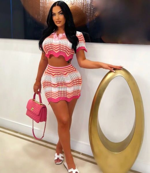 Women's casual handmade knitted colorful striped skirt set