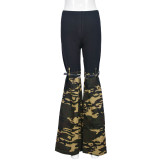 Camo Panel Elastic Waist Slim Flare Elastic Pants