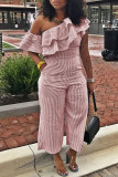 Classic striped diagonal shoulder women's casual jumpsuit